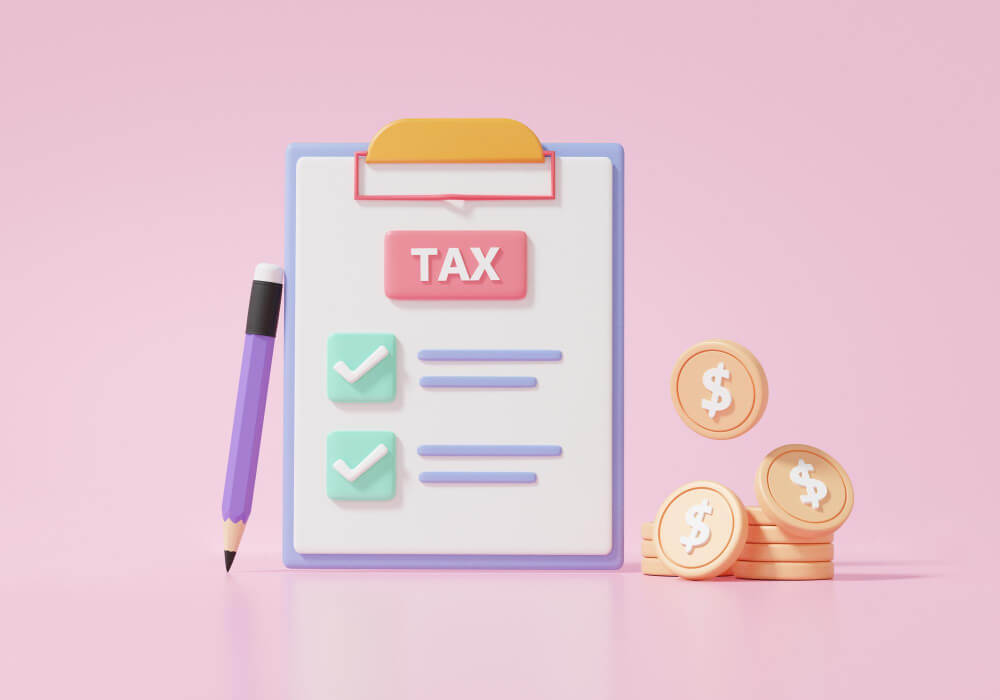 state-Umsatzsteuer richtig berechnen-taxation-concept-checklist-tax-payment-coins-financial-learning-information-business-document-correct-mark-pink-background-3d-render-illustration